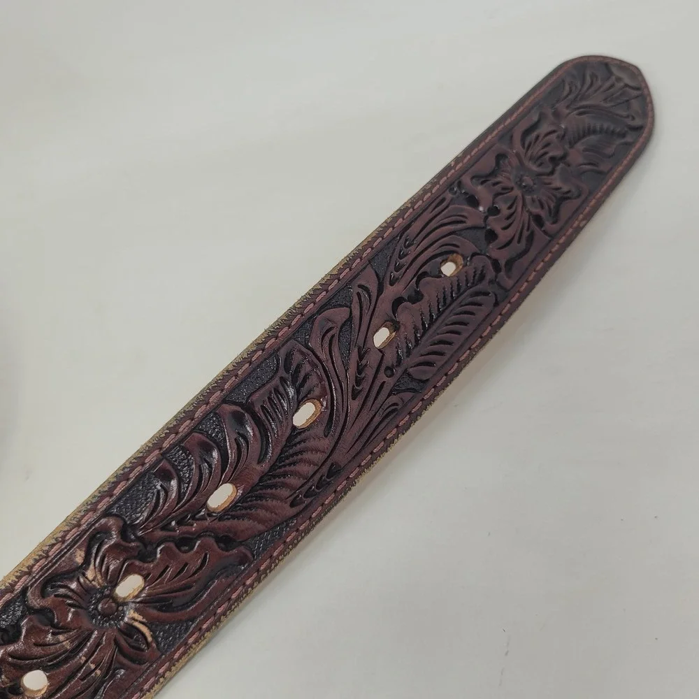 Vintage Nocona Belt 46 Brown Leather Floral Tooled Basketweave Western Cowboy